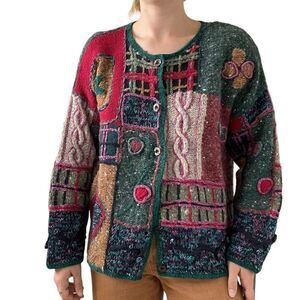 Vintage 90s Womens Express Hand Knit Ugly Sweater Wool Blend Cardigan Sz S